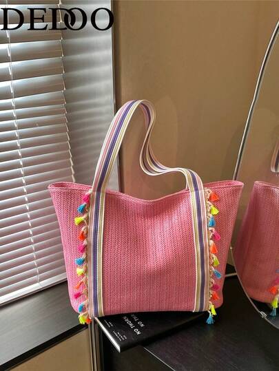 Dedoo Túi tote thiết kế ren tinh tế, kiểu dáng văn học, có nơ, thời trang và đơn giản, túi xách tay thường ngày, dung tích lớn và rất thu hút, túi đeo vai nữ, túi xách tay nữ thanh lịch, phù hợp cho kỳ nghỉ, đi biển, đi làm hàng ngày và chụp ảnh kỷ niệm.