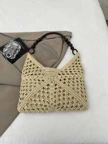 1个米色春季新款大容量尼龙钩编镂空手提包,女士单肩包 - 米色 - 查看 5