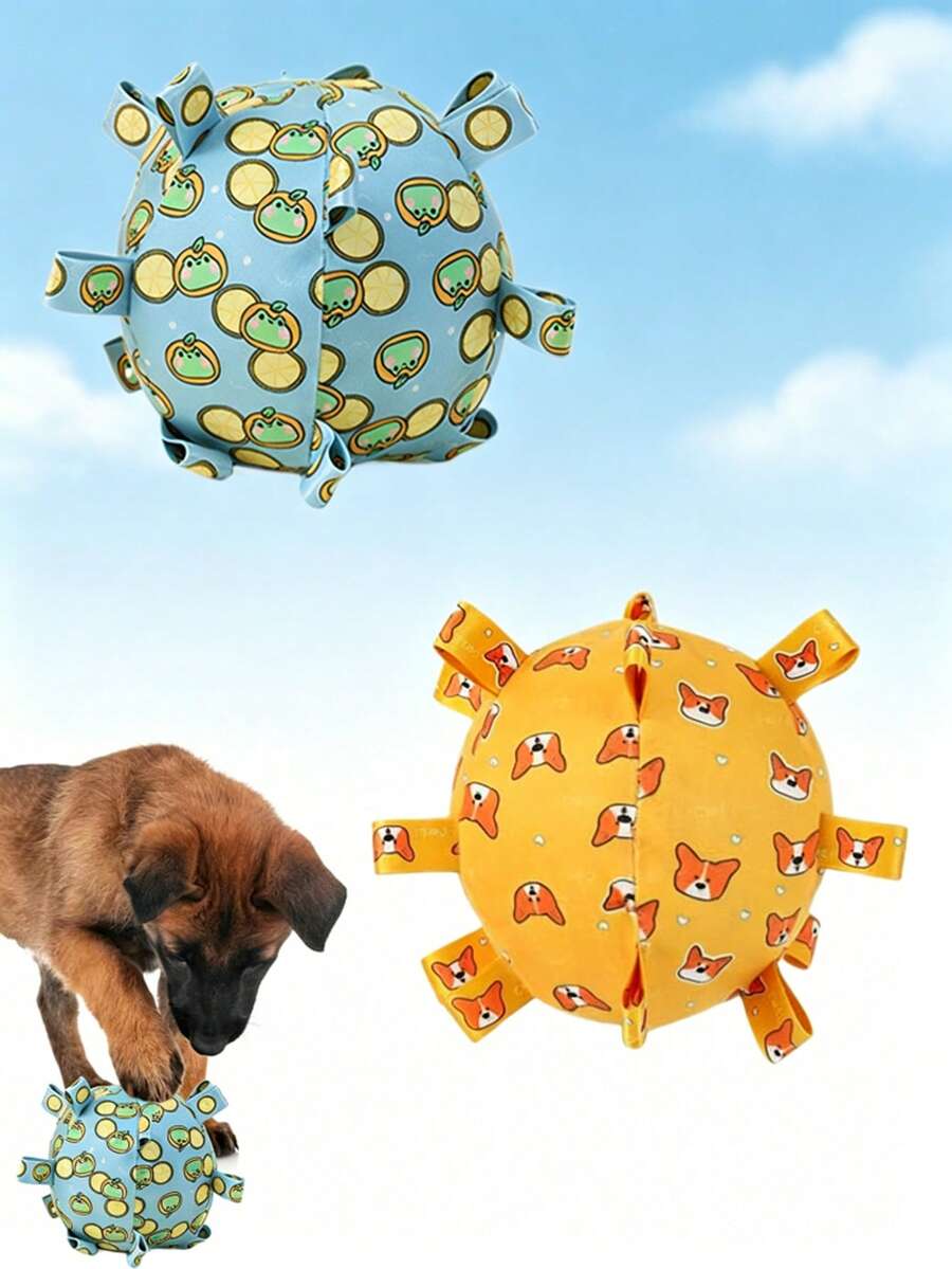 Puppy Teething Toy Ball, Soft Fabric Dog Ball With Ribbon Loops, No-Stuffing Interactive Dog Toy, Bite-Resistant Chew Ball For Small/Medium Dogs, Cute Cartoon Prints - Multicolor - View 1