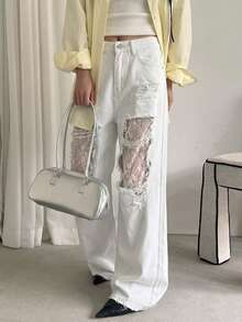 Quần jeans rách phối ren thời trang, phong cách thường ngày. - trắng - Xem 3