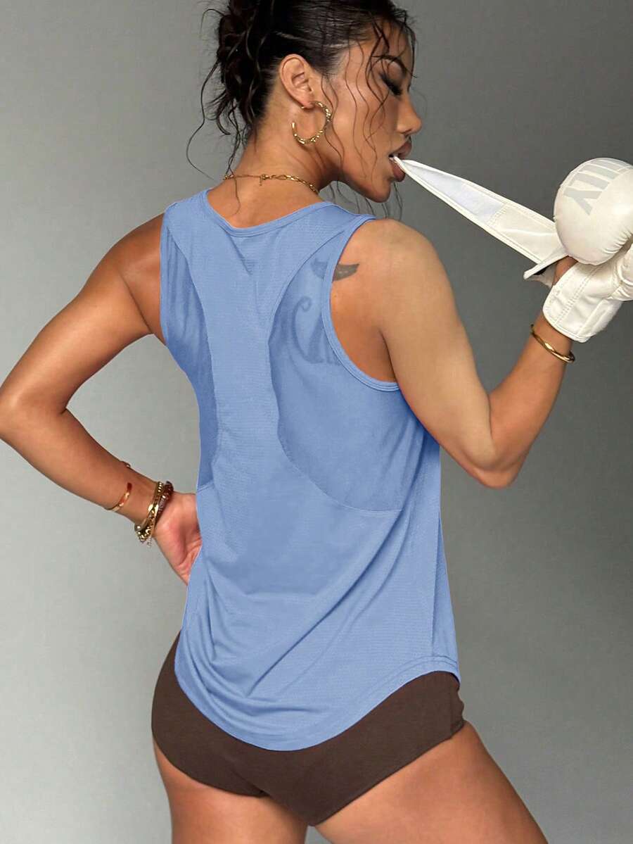 Solid Color Hollow-Out Sports Tank Top, Fitness Workout Vest - Baby Blue - View 1