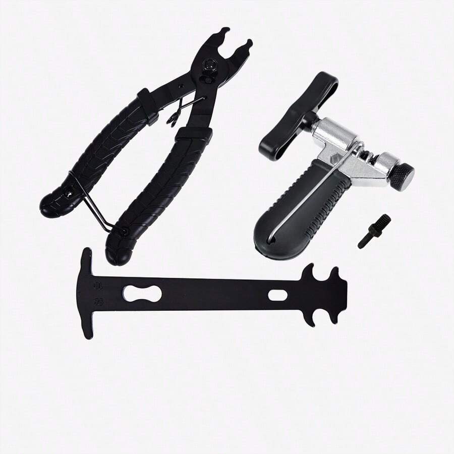 3pcs Bicycle Chain Ruler Black + Chain Buckle Pliers + Chain Breaker, Repair Tool Mountain Bike Chain Disassembly Tool Magic Buckle Pliers Installation Tool Set - Black - View 1