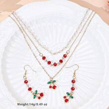 Bộ trang sức gồm 1 dây chuyền mặt hình quả anh đào tối giản dễ thương và 1 đôi bông tai hình quả anh đào dành cho nữ. - Vàng - Xem 8