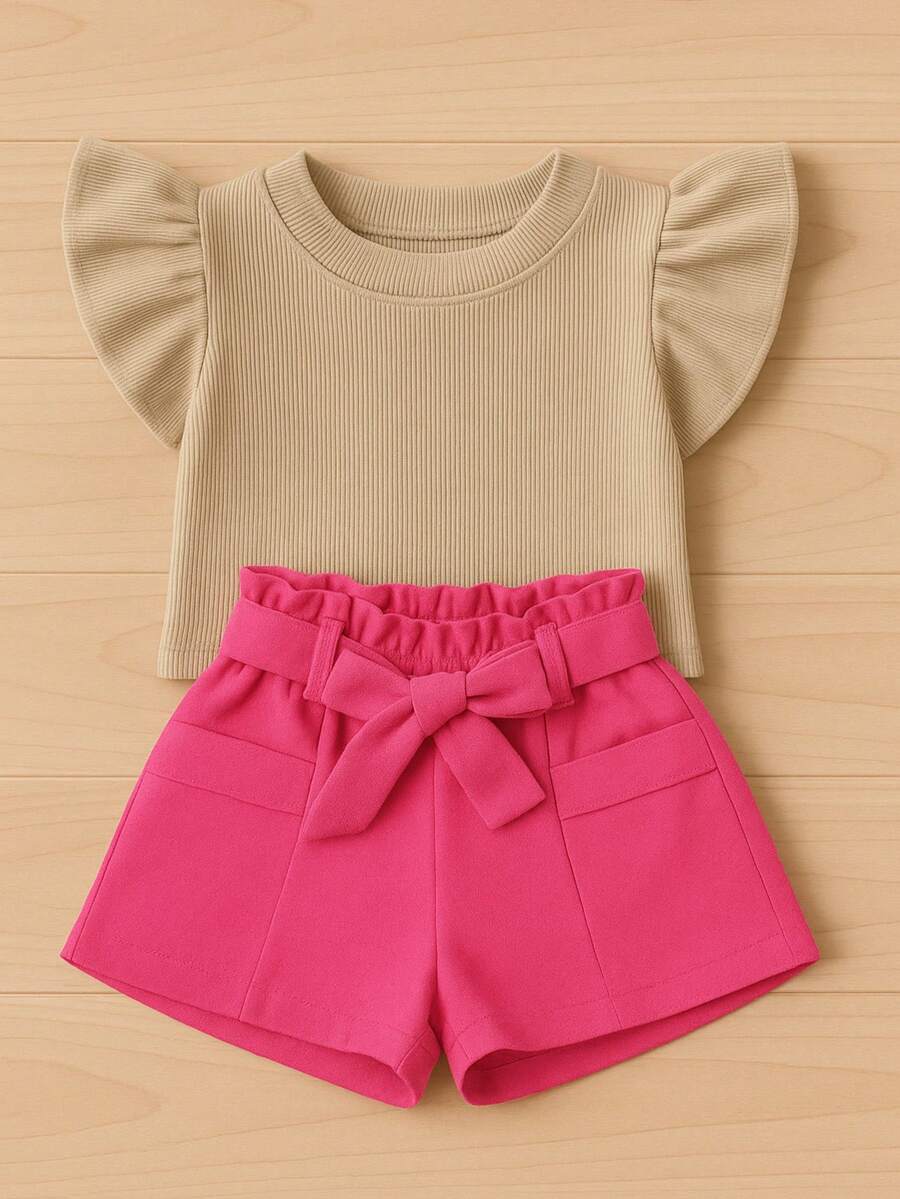 Children's And Teen Set: Cropped Blouse With Ruffles And Ribbed Detail + Linen Clochard Shorts. 2-Piece Set For Girls And Teenagers CJI033 - 粉紅色和裸色 - 查看 1
