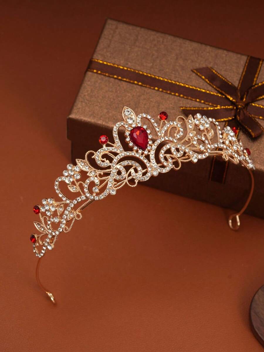 Elegant Gold Princess Crown - Sparkling Rhodium-Plated And Glass Gemstone Bridal Headpiece, Suitable For Weddings, Galas And Birthday Parties | Women's Alloy Party Headpiece With Crystal Design - Cosplay And Photography Props, Wedding Party Decor,Festival - Golden Red Diamond - View 1
