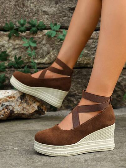 Casual Elegant Round Toe Thick Sole Criss-Cross Strap Women's Shoes, Fashionable Versatile, Comfortable To Wear