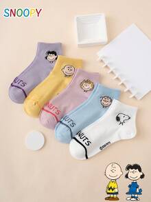 SNOOPY 5 paires de chaussettes de cheville pour femmes avec motifs rayés et imprimés de lettres drôles et de dessins animés. Chaussettes de sport respirantes et durables, convenant à toutes les saisons, tailles européennes et américaines. Confortables et colorées, idéales pour un port quotidien. - Multicolore - Voir 2