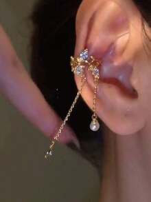 Andkiss 1pc Leaf Tassel Clip-On Earring, Casual Fashion Versatile Accessory (Note: Pendant Comes In 2 Random Styles) - Right Ear - Single - View 5