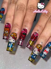 SANRIO 24片三丽鸥Hello Kitty 3D凝胶美甲贴纸，饰有可爱的Hello Kitty、小熊、星星、蝴蝶结、爱心和牛奶瓶图案，闪亮设计，粉嫩少女风，完美贴合亚克力指甲，包含1瓶胶水和1把指甲锉，适合女性日常生活和派对场合。 - 彩色 - 查看 3