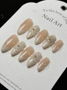 10 móng giả thủ công màu trắng kiểu Pháp, họa tiết hoa 3D, tông màu nude, thanh lịch, tối giản, sang trọng, cao cấp. - trắng - Xem 3