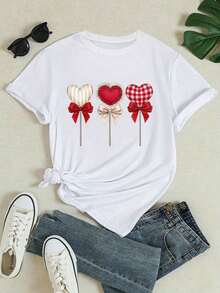 Camia Casual para Mujer, con Estampado de Corazón de Cómic para el Día de San Valentín, Transpirable y Cómoda - Blanco - Ver 3