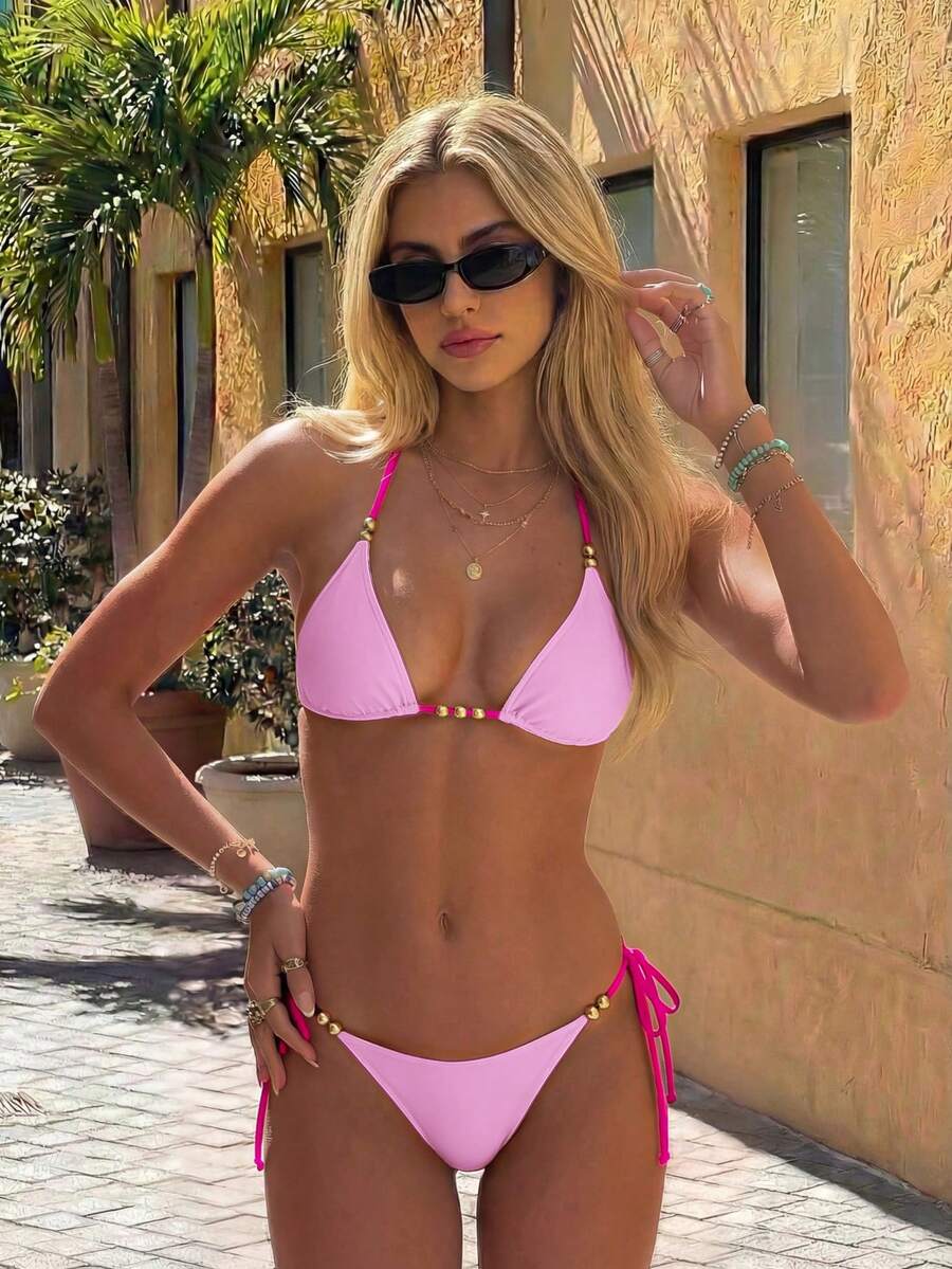 Lucky Girl 夏季新款女士黑色串珠系带两件式泳衣套装,海滩度假 - 淺粉玫粉拼接色 - 查看 1