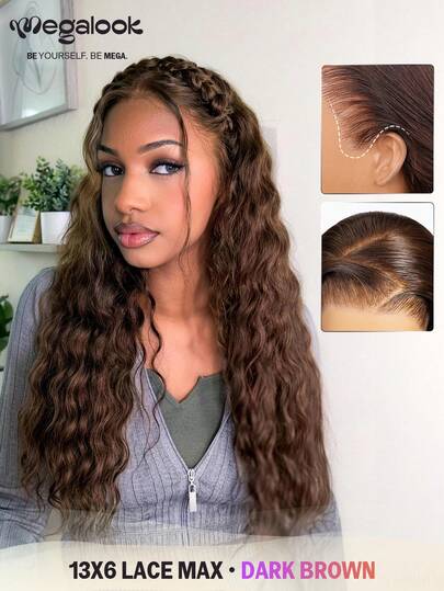 MEGALOOK 13x6 巧克力棕色波西米亚风卷发蕾丝前假发，200% 密度自然波浪合成假发，适合女性，新手友好，适合户外活动、角色扮演、上学、度假、圣诞派对、婚礼等场合。