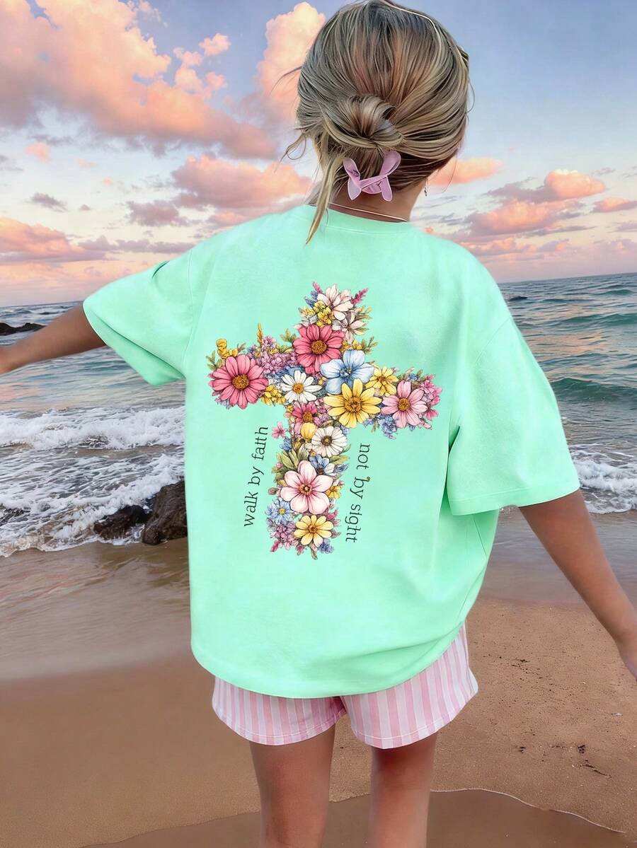 Tween Girls Casual Printed Round Neck Short Sleeve T-Shirt, Summer Top - Mint Green - View 1
