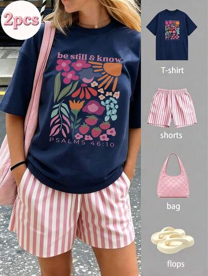 2pcs Tween Girl Summer Outfit - Short Sleeve T-Shirt Paired With Striped Shorts, Fashionable/Y2K/Streetwear Style, Artistic Vibe Top And Shorts Set