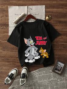 SHEIN X Tom & Jerry 女款酷感短袖T恤，經典凝視印花圓領上衣，寬鬆修身版型，深色卡通風格休閒黑色 - 黑色 - 查看 6