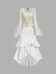 MOD Falda marrón para mujer con dobladillo alto-bajo, con cordón, volantes por capas, falda para fiesta, falda bohemia, falda para el almuerzo - Blanco 2 - Ver 7