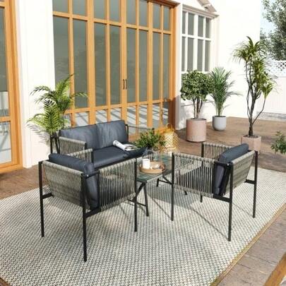 4-Piece Garden Furniture Set, 1 Sofa, 2 Armchairs, 1 Table With Glass Top, Cushions, Steel Frame, Plastic Rattan, Grey