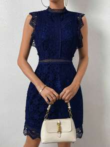 Lunessa Vestido con encaje de cuello alto ribete en abanico - azul real - Ver 6