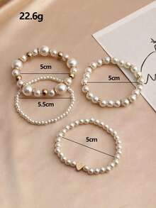 4pcs Girls' Pearl Beaded Heart Charm Bracelet Set - 白色 - 查看 5