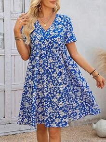 Vestido mini casual de mujer con estampado floral para vacaciones, vestido de verano, atuendos de verano para mujer, vestidos de verano para mujer, vestido de playa, atuendos de playa para mujer, vestidos de playa para mujer, atuendos para salir, atuendos de vacaciones, atuendos de verano para mujer, atuendos de vacaciones, vestido de verano de mujer, vestido corto, vestido corto con estampado floral, vestido de verano casual - Azul y blanco - Ver 12