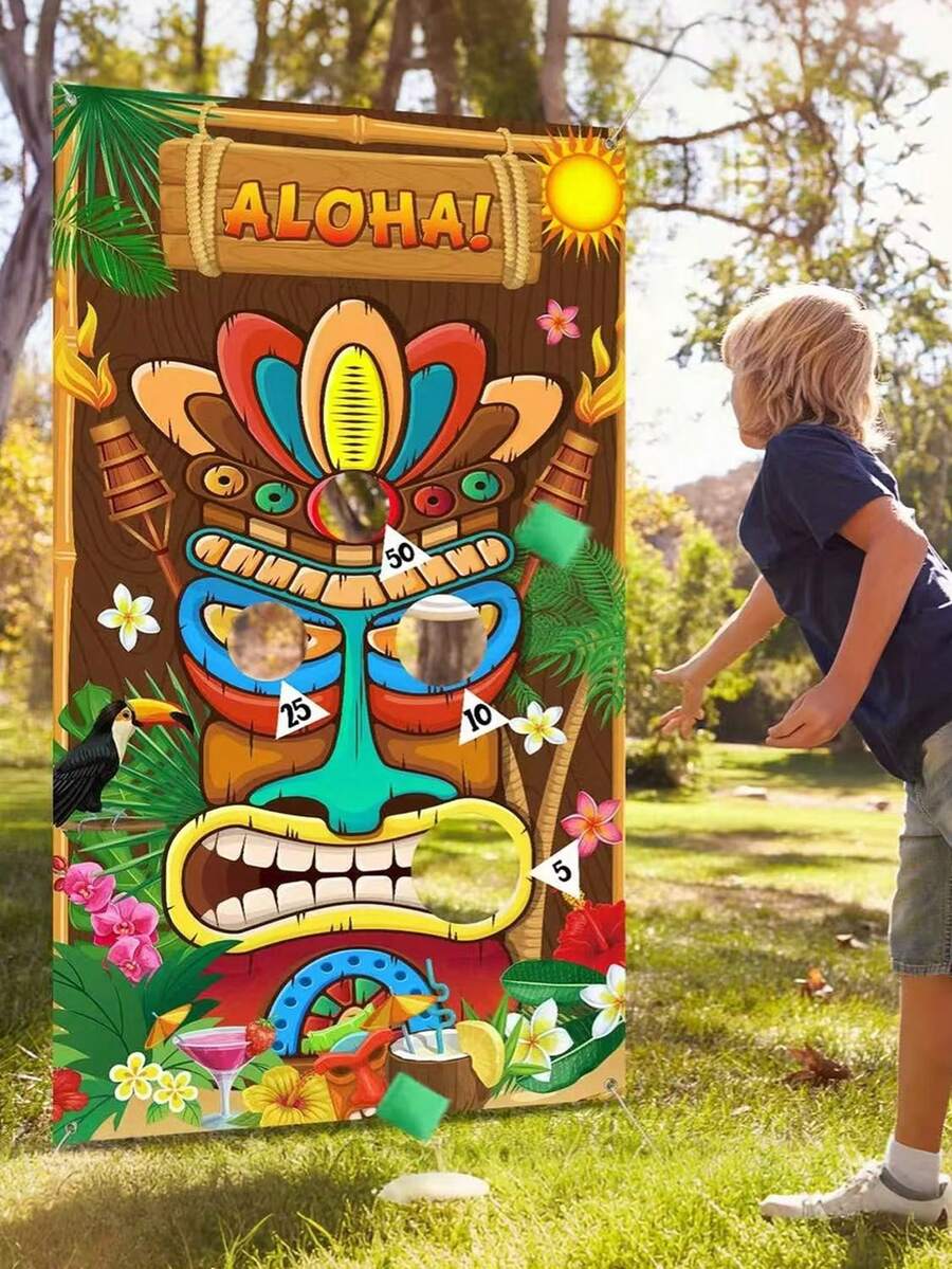 Set de 4 piezas Juego de lanzamiento de muñecos de estilo hawaiano Tiki, incluye pancarta de lanzamiento + bolsas de frijoles, juego de fiesta con tema Tiki, juego interactivo, adecuado para fiesta de piscina de verano, fiesta de cumpleaños, bar Tiki, playa y reunión en el patio trasero