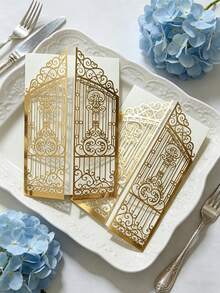 10pcs 5.1" X 7.1" Gold Metallic Laser Cut Folding Invitation Cards, Suitable For Wedding, Party, Christmas - Multicolor - View 8