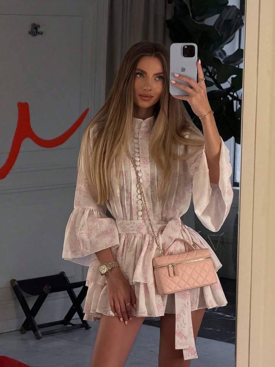 Vintage Manor Style Shirt Dress, Retro Mandarin Collar Single-Breasted Printed Dress, Flare Sleeve Cinched Waist Short Dress Elegant Pink - Pink - View 1