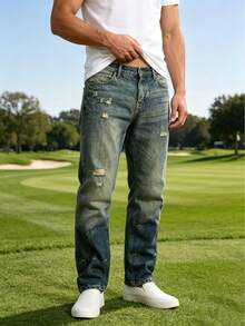 Men Non-Stretch Straight Leg Jeans, Vintage Mud Wash Ripped Denim Pants, Classic Five Pockets, Casual Streetwear, Available In Standard Sizes - Navy Blue - View 11
