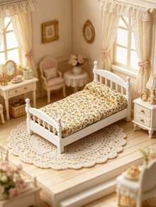 1 Set Miniature Dollhouse Bedroom Set, Single Bed With Floral Pattern And White Nightstand, Fashionable, Creative, Cute Rustic Style, Micro Decor, Mini Furniture, Home Decor, DIY Decorative Small Bed, Exquisite House Decoration - Multicolor - View 1