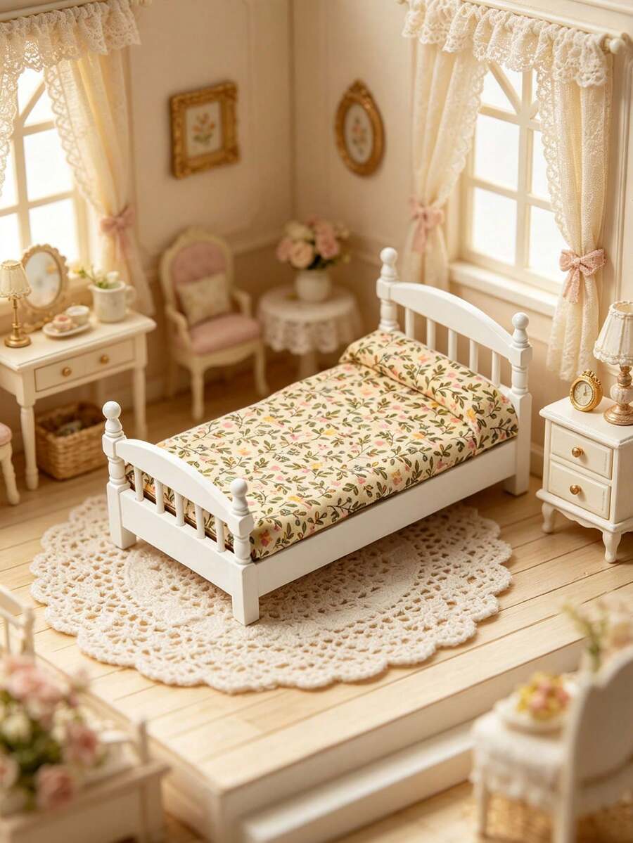 1 Set Miniature Dollhouse Bedroom Set, Single Bed With Floral Pattern And White Nightstand, Fashionable, Creative, Cute Rustic Style, Micro Decor, Mini Furniture, Home Decor, DIY Decorative Small Bed, Exquisite House Decoration - Multicolor - View 1