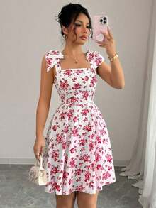 Nuevo vestido de línea A con cintura ceñida y lazos en los hombros con estampado floral ditsy, silueta favorecedora, vestido casual elegante para vacaciones - Rojo - Ver 6