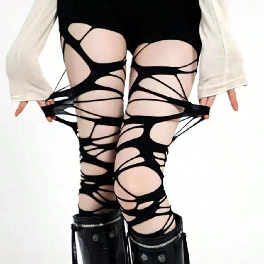 Gothic Punk Ripped Asymmetrical Sexy Fishnet Tights, Lolita Spider Web Thigh-High Socks For Women, Christmas Gift, Nylon - Multicolor - View 1