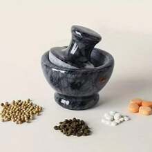 10,2 cm, Kleiner Mörser Set  Mörser mit Stößel Marmor mit Anti-Rutsch Matte & Bürste, Schwer & Stabil, Gewürzmörser für Kräuter, Knoblauch, Gewürze & Tabletten (Mortar and Pestle) - Schwarz - Übersicht 2