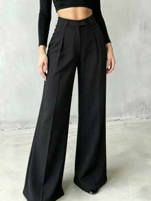 女士纯色休闲百搭阔腿裤，适合日常穿着，黑色 - 黑色 - 查看 2