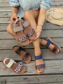 Women's Daily Commute & Beach Vacation Open Toe Sandals, Leopard Print Decor Design, Thick Sole With Polka Dot Textured Insole - Blue - View 5