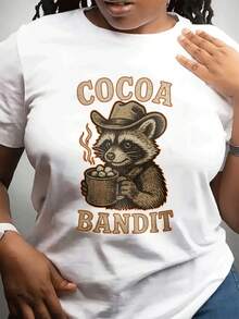 Camiseta casual de moda de cuello redondo de las mujeres Top de manga corta se puede usar diariamente o durante el ejercicio, se puede dar como regalo a amigos o familia. Caracun impreso destacado, patrón de cacao caliente, atmósfera festiva es fuerte - Blanco - Ver 2
