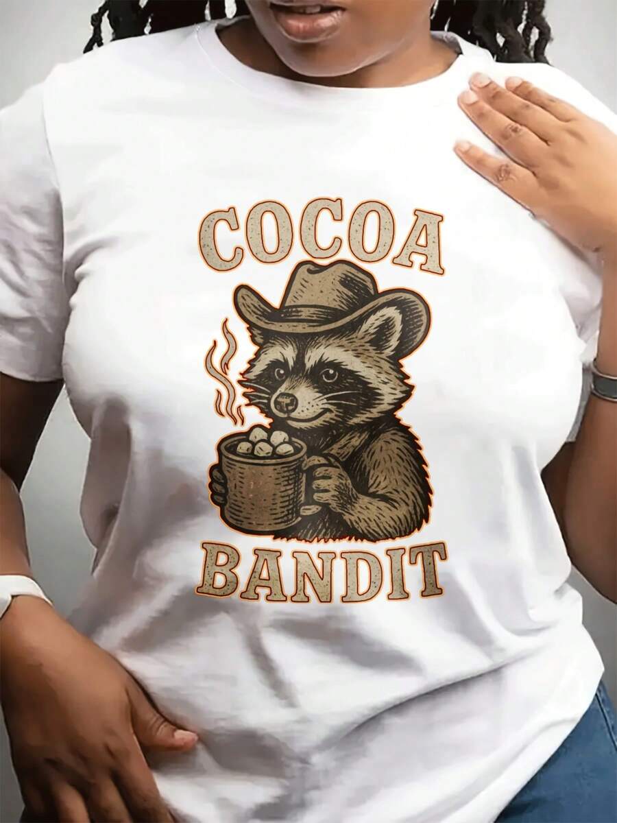 Camiseta casual de moda de cuello redondo de las mujeres Top de manga corta se puede usar diariamente o durante el ejercicio, se puede dar como regalo a amigos o familia. Caracun impreso destacado, patrón de cacao caliente, atmósfera festiva es fuerte