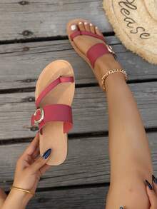 Women's Comfortable Wedge Sandals With Metal Buckle, Suitable For Commuting And Daily Wear, Non-Fatiguing Toe-Thong Design - Red - View 2