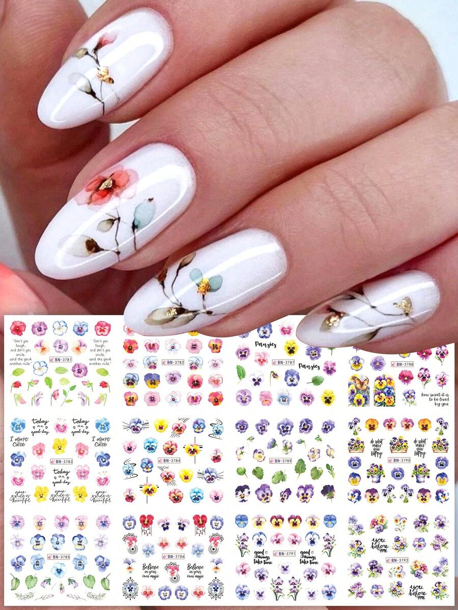 SWEET TREND 1 张大号水彩花卉水转印美甲贴纸,水彩三色紫色绣球花叶美甲贴纸,复古混色水墨风格花卉植物美甲贴纸 DIY 美甲沙龙家用美甲用品 - 彩色 - 查看 1