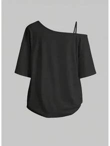 Women's Casual Summer Top - Soft Pink Relaxed Fit Asymmetric One-Shoulder Tee With Left Chest Floral & Cursive Letter Print, Breathable Machine-Washable Blouse For Casual Attire, Ladies T Shirts, Medium Stretch Fabric, Warm Weather Outfit, Comfortable Material, Women, Fashion Tops, Elegant One Shoulder Strap Blouse - 黑色 - 查看 2