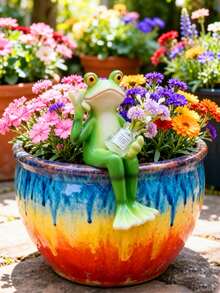 1 Set Frosch Skulptur, Gartendekoration, Frosch trinkt Wasser/Saft Skulptur, Topfpflanzendekoration, Gartenfrosch Statue, Feengarten Accessoire, Heim Balkon Rasen Hof Dekoration - B - Übersicht 3