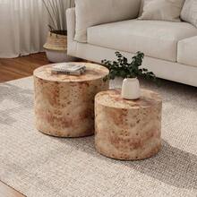 Nesting Coffee Table Set Of 2, Modern Round Coffee Table, Wooden Circle Accent Tables For Small Spaces Living Room Bedroom Balcony Office Drum Side Table, Natural Burl - Natural Wood - View 7