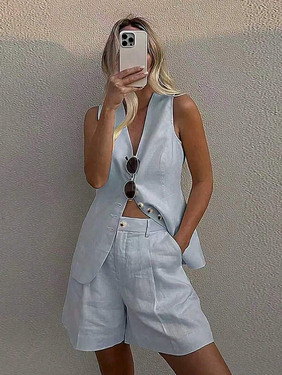 Bộ 2 món kiểu dáng thường ngày, áo hai dây và quần short nữ, trang phục công sở mùa hè, cổ chữ V sâu, hở vai, thanh lịch. - Màu xanh lam - Xem 1