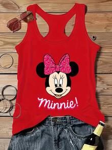 Disney Genuine License One Y2K Fashion Sleeveless Tank Vest T-Shirt With Minnie Mouse Print Cool Summer T-Shirt, Sleeveless Tank Vest T-Shirt Crew Neck Casual Top, Spring Summer, Women's, Multi-Size Multi-Color Options - Đỏ - Xem 1