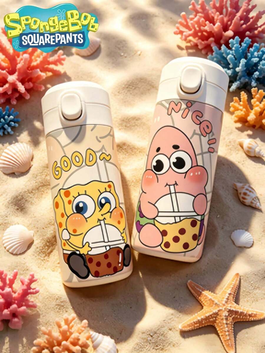 SpongeBob SquarePants 420毫升防漏翻盖水瓶，主题系列，印有派大星、章鱼哥、蟹老板、珊迪和加里等卡通人物的可爱图案。 - 彩色 - 查看 1