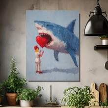 Cuadro plano 2D, Cuadro plano 2D, Una obra de arte plano 2D caprichosa con un tiburón y un corazón para el Día de San Valentín, diseñada en estilo silueta con colores azul y blanco. Perfecta para la decoración del hogar, ya sea en una pared o en una mesa. - Enmarcado - Ver 4