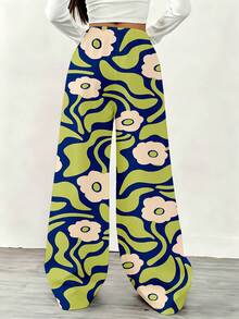 Floral Pattern Wide Leg Pants With Drawstring Waistband Comfortable Loose Fit For Casual And Sport Activities Suitable For Leisure And Exercise Wear - trắng - Xem 2