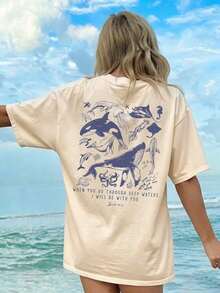 Women's Summer Short-Sleeved T-Shirt With A Casual Marine Animal Print Featuring Sharks, Dolphins, And Starfish. It Has A Round Neck, A Loose And Versatile Fit, And Is Beige In Color. Ideal For Everyday Wear And Vacations. Unisex. - 杏 - 查看 5
