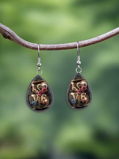 1 Pair Vintage Rose & LOVE Pattern Stainless Steel Water Drop Earrings, Retro Minimalist Style Suitable For Women's Daily Wear And Gift, Elegant Simple Design Jewelry Earrings Suitable For Women's Daily And Holiday Wear
